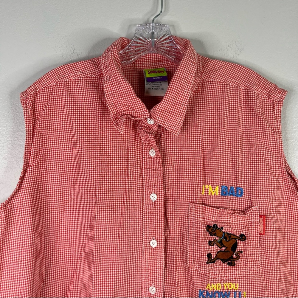 Scooby Doo Shirt Women's 26/28W Red White Plaid Button Down Sleeveless Cotton - Picture 4 of 13